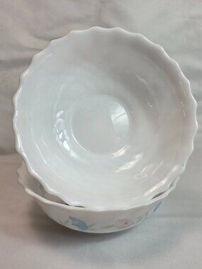TWO Arcopal France Chloe Cereal Bowls White with Pink & Blue Flowers Scalloped